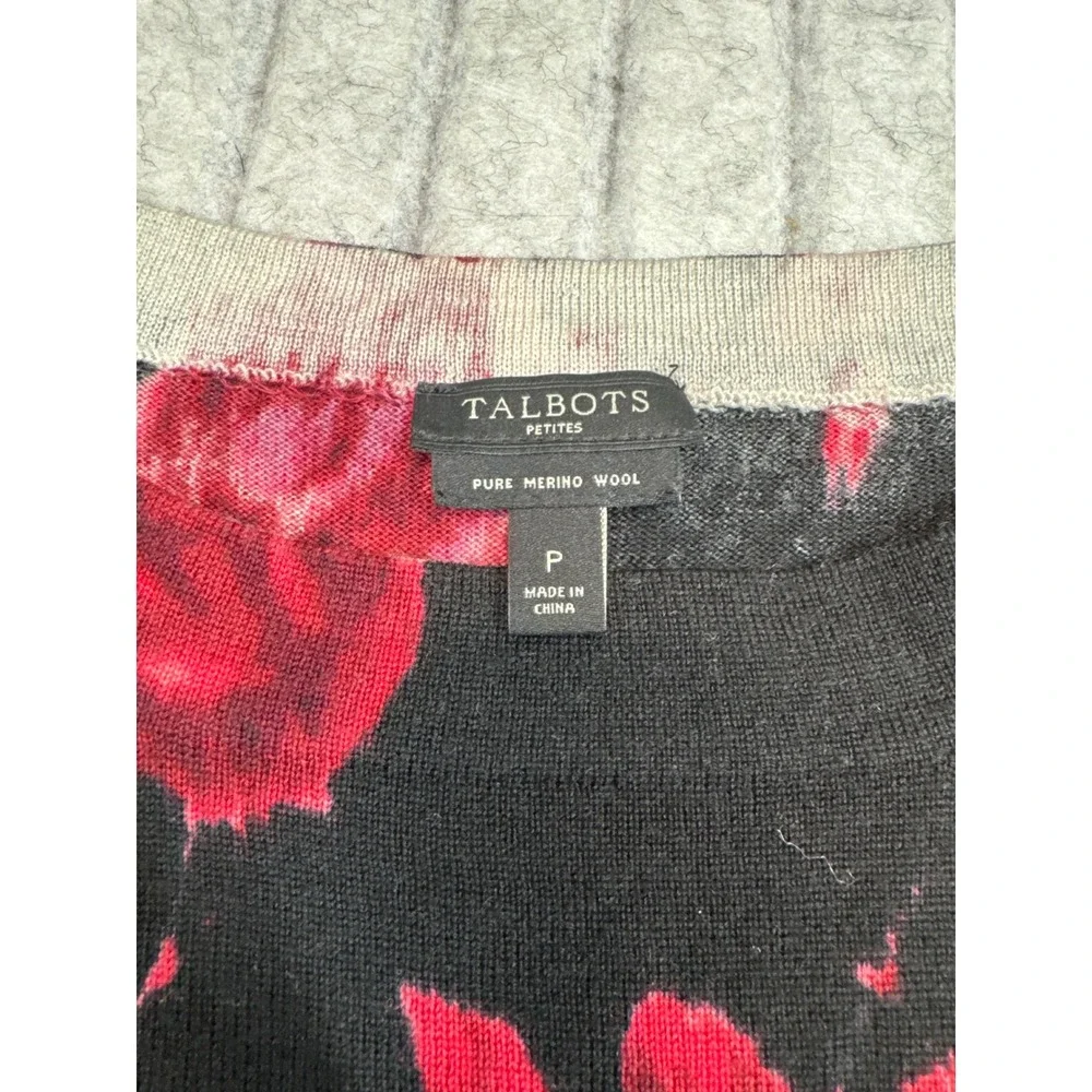 Talbots Petites Black Red Rose Floral Pure Merino Wool Sweater Crew Neck P 08/12